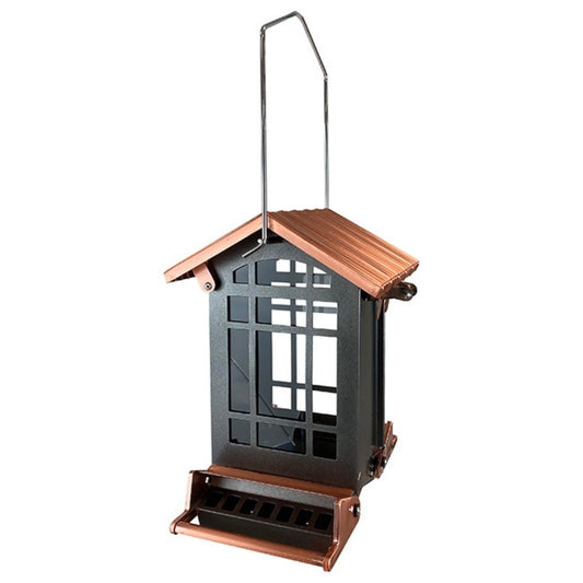 Bird feeder with wooden roof and metal body on a white background
perch & weather