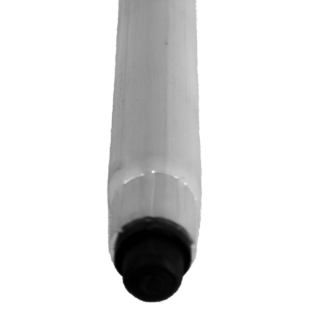 A close-up of a cylindrical white plastic tube or rod with a black circular end cap, shown vertically against a plain white background
perch & weather