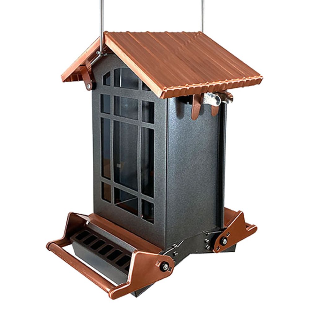 Bird feeder with wooden roof and brown accents on a white background

perch & weather