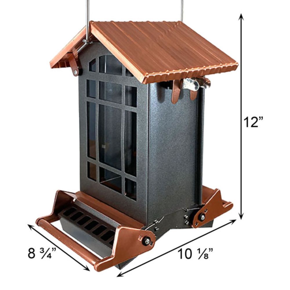 Wooden bird feeder with dimensions labeled on a white background

perch & weather