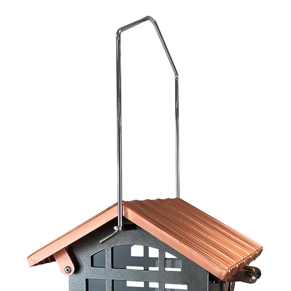 Bird feeder with a wooden roof and metal stand on a white background

perch & weather