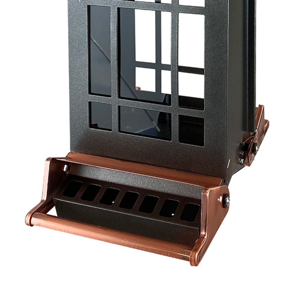 Metallic bird feeder with a grid design on a white background

perch & weather