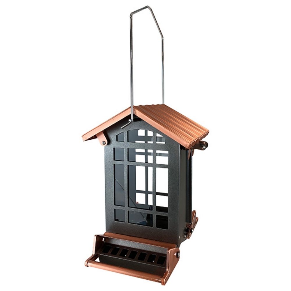 Bird feeder with wooden roof and metal body on a white background

perch & weather