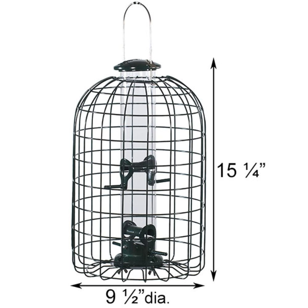 Black wire bird feeder cage with a hanging loop, white cylindrical feeder tube, and black perches, shown with dimension arrows and labels indicating 15 1/4 inches height and 9 1/2 inches diameter

perch & weather