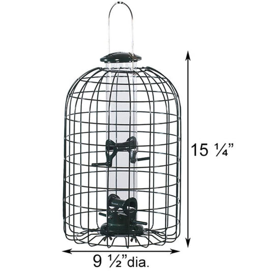 Black wire bird feeder cage with a hanging loop, white cylindrical feeder tube, and black perches, shown with dimension arrows and labels indicating 15 1/4 inches height and 9 1/2 inches diameter

perch & weather