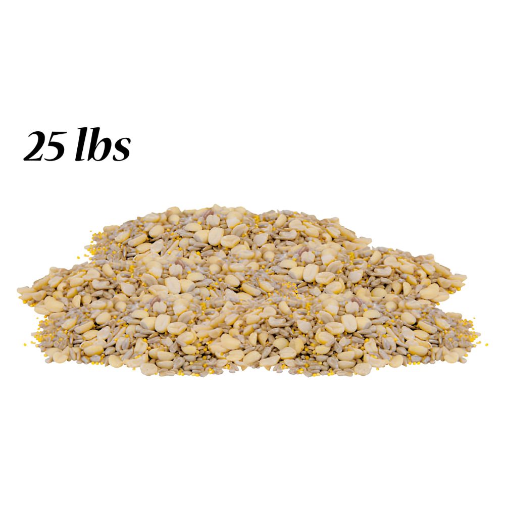 A pile of mixed bird seed or grain mix on a white background, with the text '25 lbs' printed in black in the upper left

perch & weather