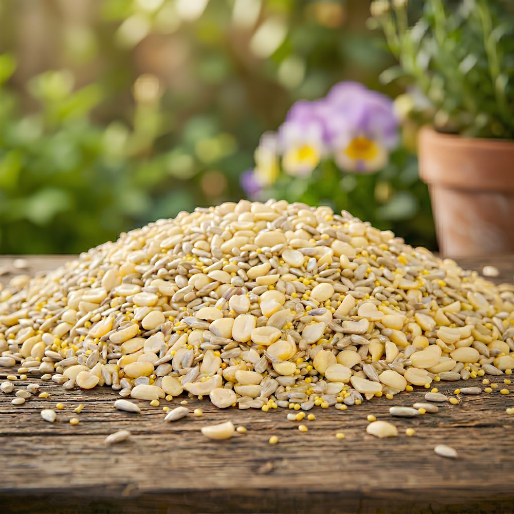 Pile of seeds on a wooden surface with a garden background
perch & weather