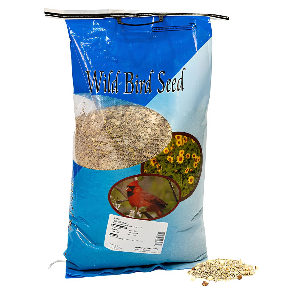 A large blue bag of Wild Bird Seed with a clear window showing the seed inside, set against a plain white background with a small pile of seed in front
perch & weather