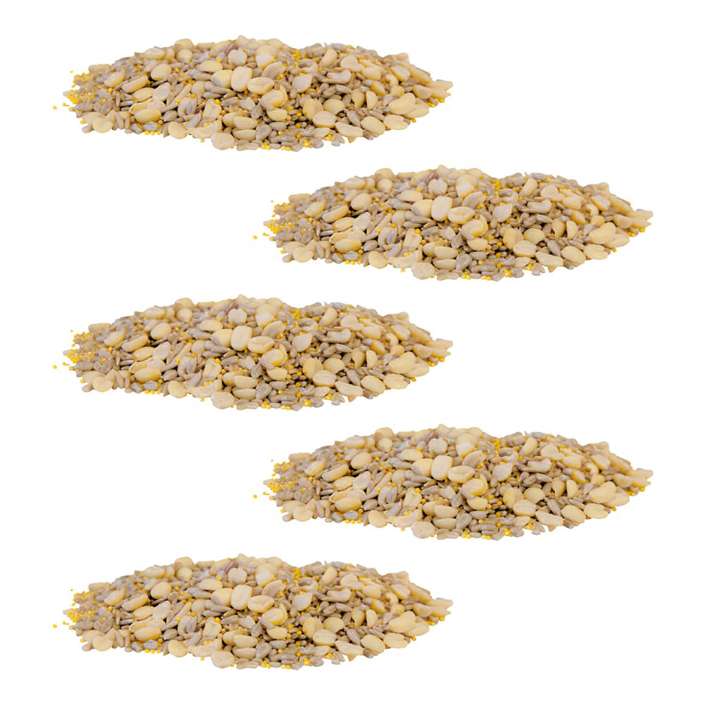 Four small mounds of mixed seeds or grains in beige, tan, and light brown tones with a few small yellow accents, arranged on a plain white background

perch & weather