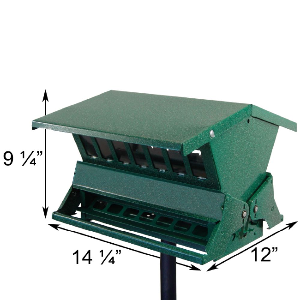 Green metal bird feeder with dimension labels showing 9 1/4 inches height, 14 1/4 inches width, and 12 inches depth, mounted on a black pole against a white background

perch & weather