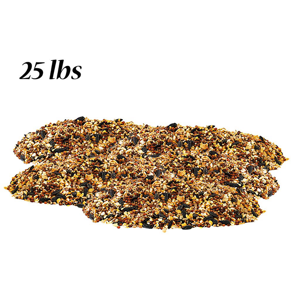 A pile of mixed birdseed or granular pet food on a white background, with the text '25 lbs' printed in black at the upper left
perch & weather