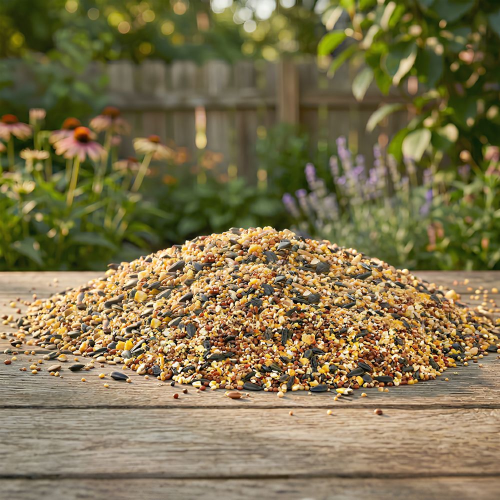 A mound of mixed birdseed or garden seed blend sits on a weathered wooden surface in an outdoor garden
perch & weather