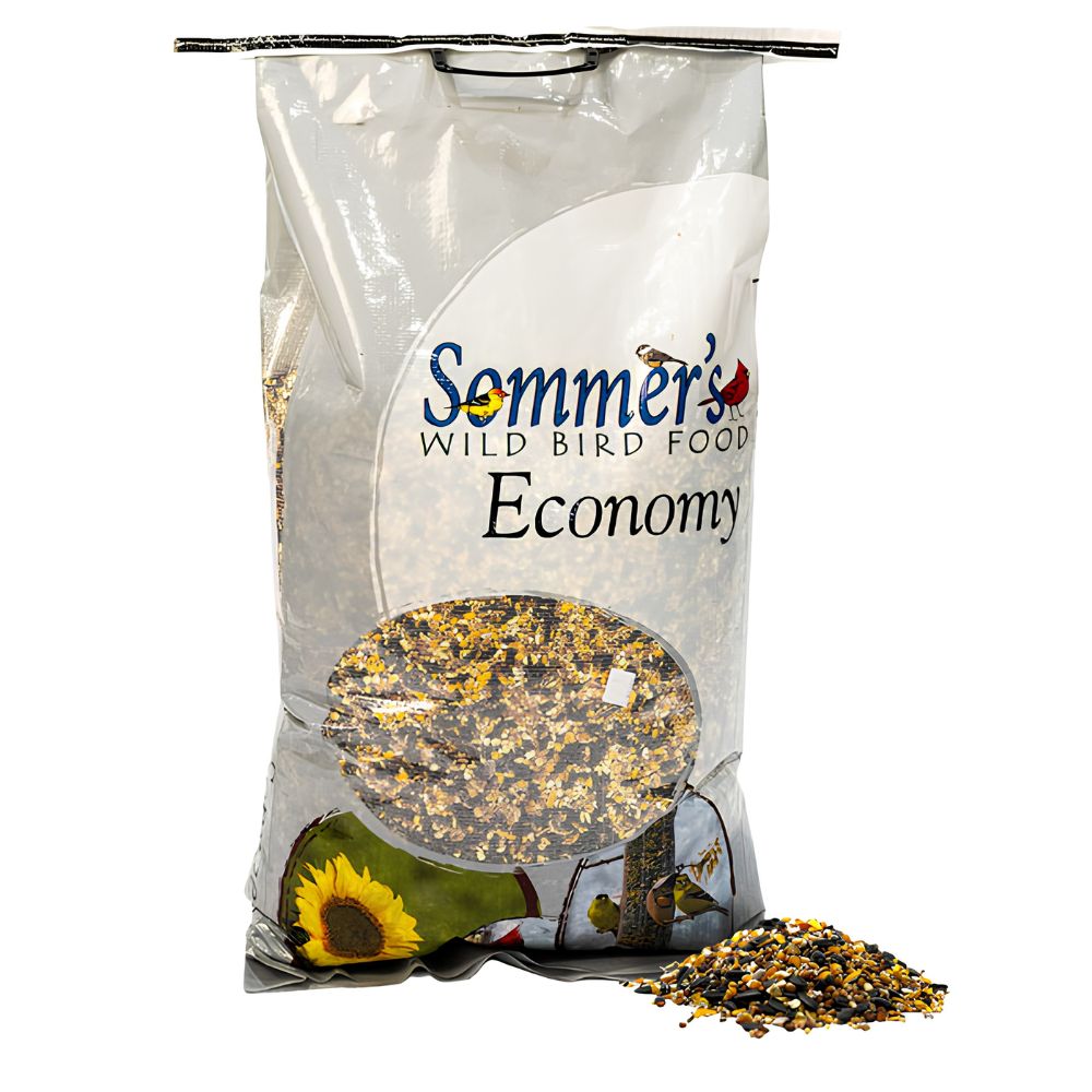 A bag of Sommer's Wild Bird Food Economy seed mix, shown on a white background with a small pile of the seed mix in front of the bag
perch & weather