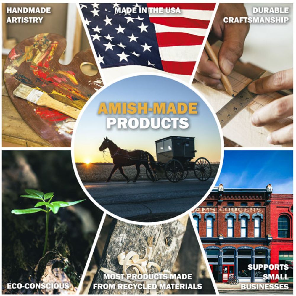 A promotional collage for Amish-made products, featuring a central circular photo of an Amish buggy at sunset with the text 'AMISH-MADE PRODUCTS' surrounded by six triangular panels showing an artist's palette, an American flag, hands using a ruler and pencil, a horse-drawn buggy scene, a small green plant, and a red brick building

perch & weather