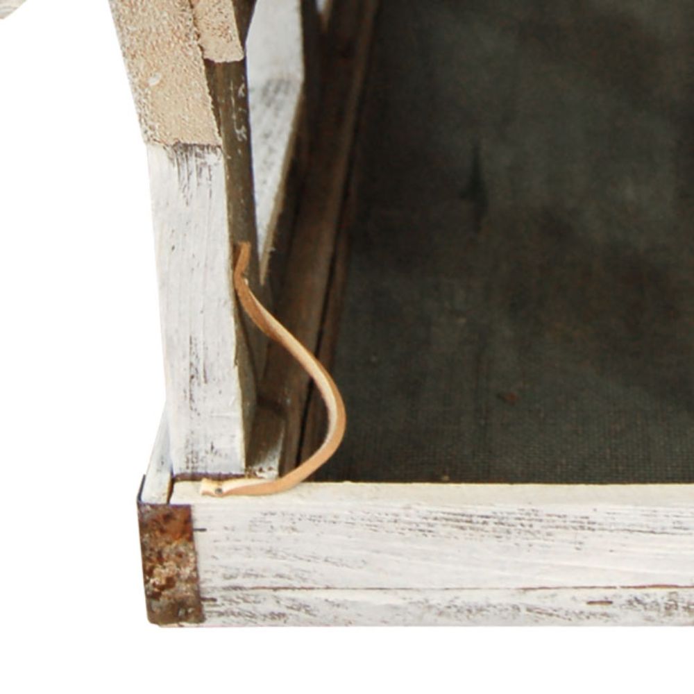Close-up of a rustic white-painted wooden frame corner with a small tan leather loop attached, shown against a white background

perch & weather