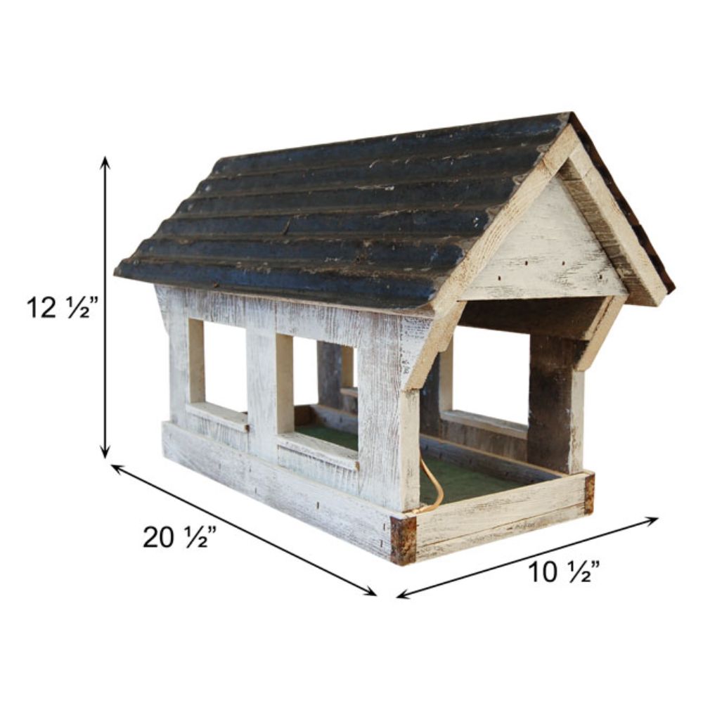 A small rustic wooden house-shaped birdhouse or feeder with a dark weathered roof, shown on a white background with dimension arrows and labels indicating 12 1/2 inches height, 20 1/2 inches width, and 10 1/2 inches depth

perch & weather