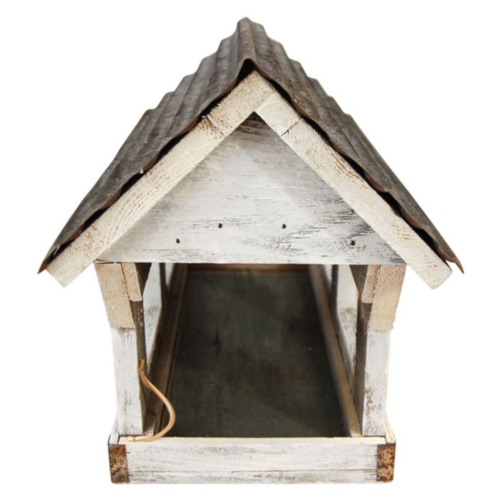 A rustic wooden birdhouse with a weathered white and gray painted finish, featuring a dark gray shingled roof and an open front

perch & weather