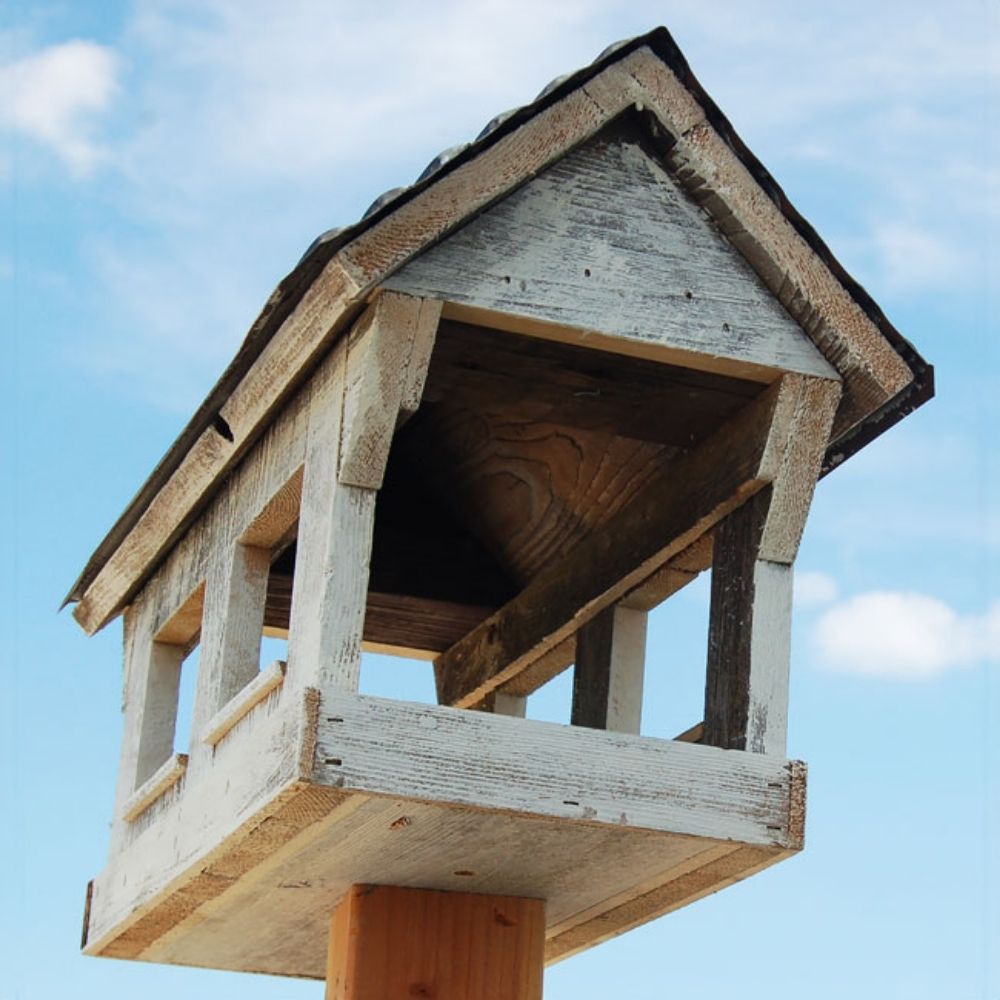 A rustic wooden birdhouse with a weathered white-painted exterior and a dark shingled roof, mounted on a wooden post against a blue sky with light clouds

perch & weather