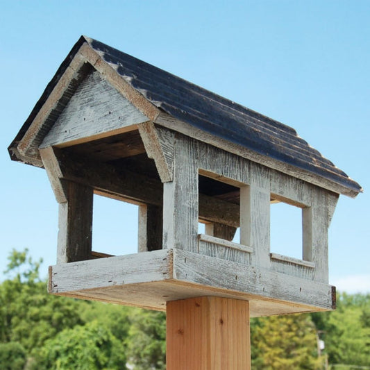 Wooden birdhouse on a stand with a clear blue sky background
perch & weather