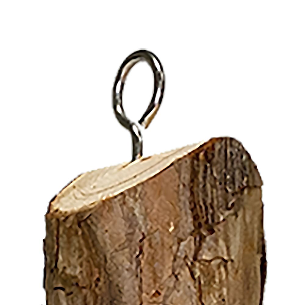 A close-up of a natural wood log piece with a small metal loop attached at the top, isolated on a white background
perch & weather