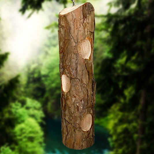 Wooden birdhouse shaped like a tree trunk with a natural bark texture against a blurred green forest background
perch & weather