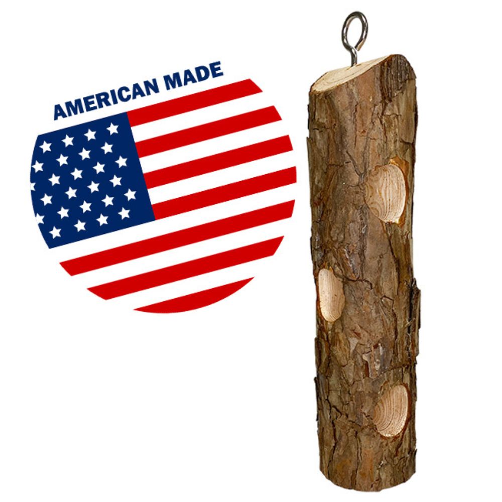 A natural wood hanging perch with bark texture and three circular hollow nests, shown next to a circular American flag graphic with the text 'AMERICAN MADE' on a white background

perch & weather