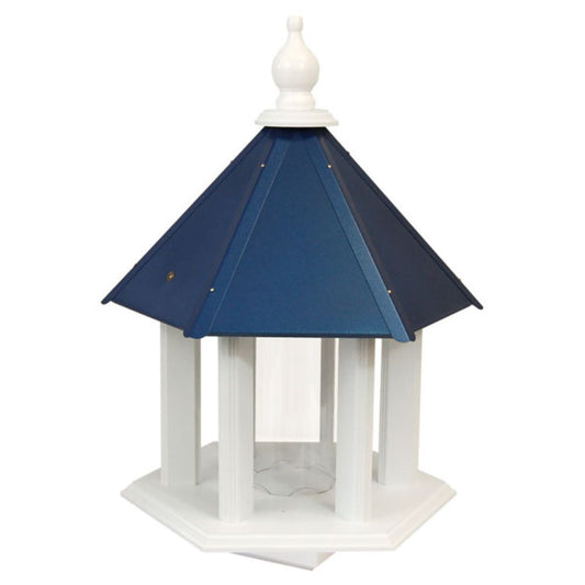 A white octagonal birdhouse lantern with a dark blue pyramid roof and a white finial on top, shown against a plain white background

perch & weather